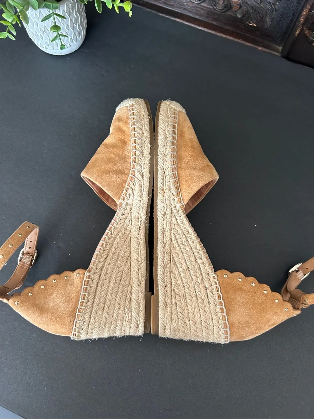 kate spade Tan Suede Espadrille Wedge Sandals with Ankle Strap